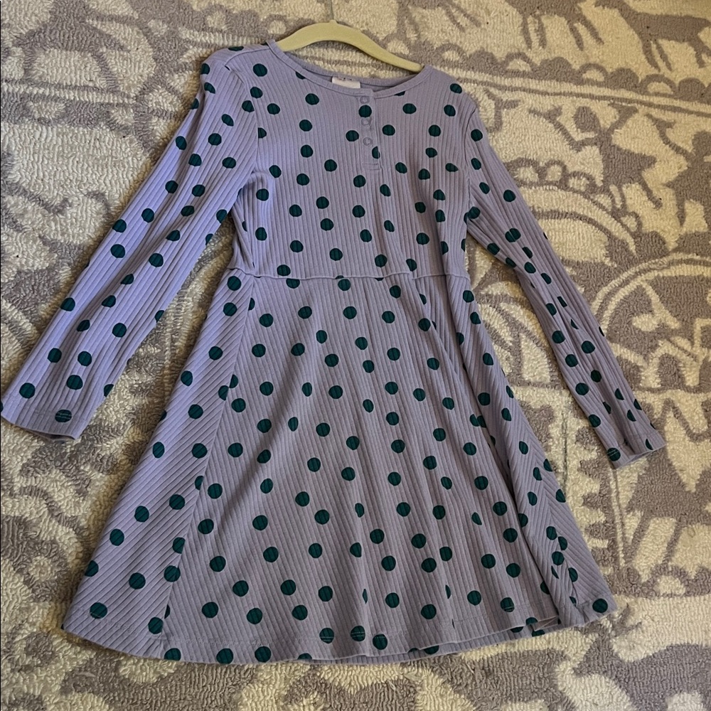 Hanna Andersson Lavender Long-Sleeve Dress with Green Polka Dots